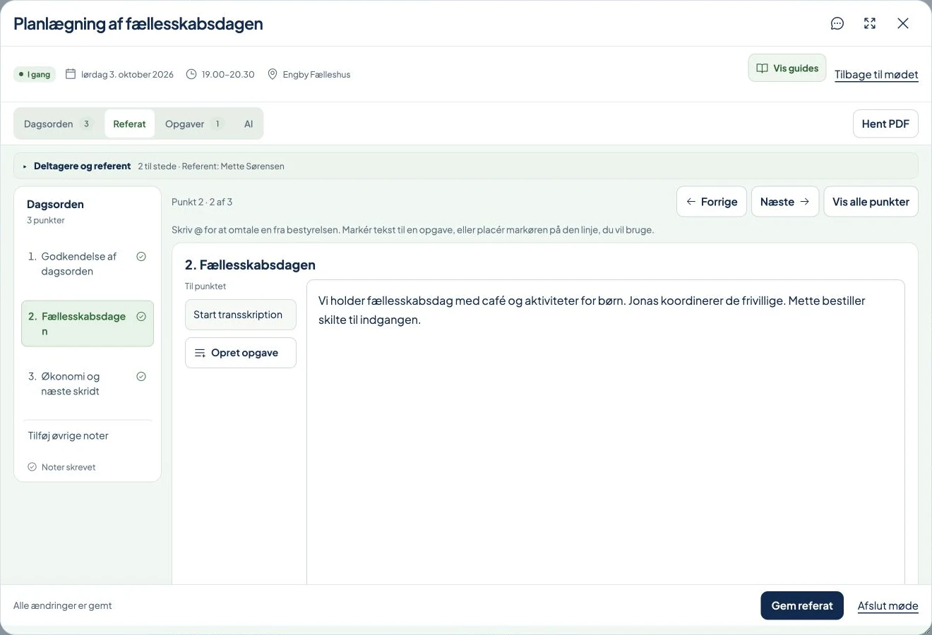 Udsnit af mødearbejdsrummet i ClubCrew-demoen med dagsordenspunkter, referattekst og mulighed for at oprette en opgave. Eksempel med fiktive data.